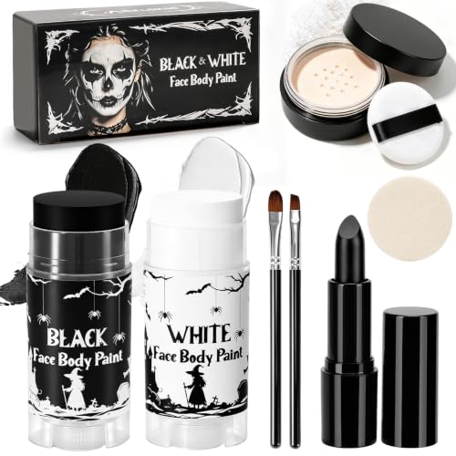Black & White Halloween Makeup Kit - Face Paint, Lipstick & Setting Powder