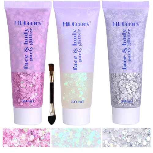 Body Glitter Face Glitter Gel: Singer Concerts Disco Festival Rave Accessories Face Glitter Makeup 150ml Chunky Sequins Mermaid Face Body Hair Glitter Gel (White&Silver&Pink)