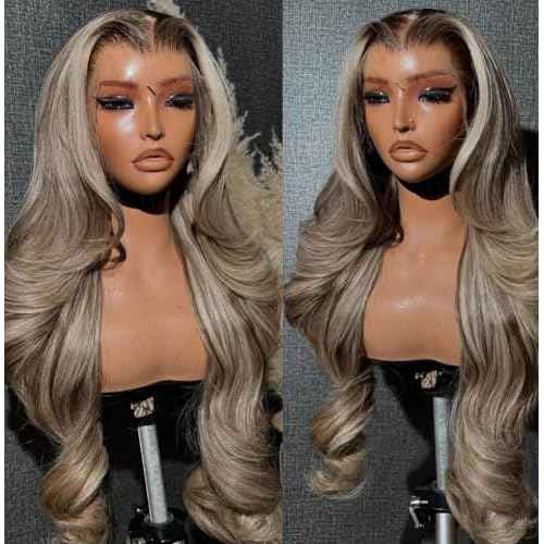 Rina 13x6 Ombre Milk Tea Ash Blonde with Brown Highlights Lace Front Wig Human Hair 210% Density Upgreads Ombre Roots Ash Blonde Highlights Brown Wigs Pre Plucked 13x6 Hd Lace Wig for Women 20 Inch