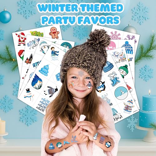 96 Pcs Winter Temporary Tattoos for Kids | Snowflake Snowman