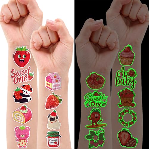 96 Pcs Strawberry Glow in Dark Temporary Tattoos for Kids