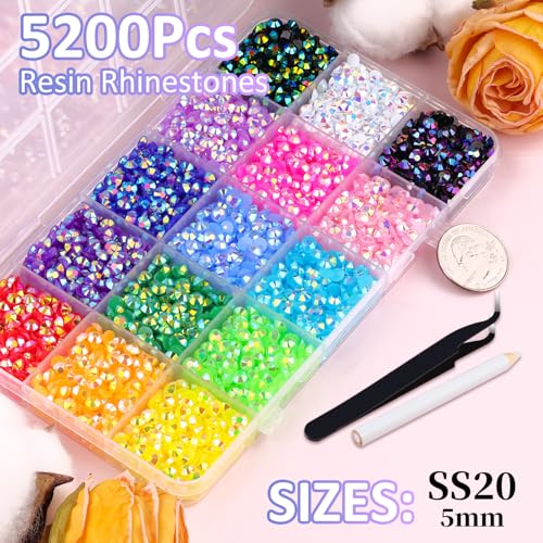 5200Pcs 5mm Resin Rhinestones Mixed-Color Flatback Gems
