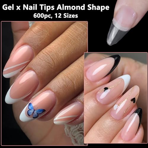 LoveOurHome 600pc Medium Almond Fake Nails Soft Gel X Nail Tips Full Cover Clear Oval Stiletto Almond Soft Gel False Nails Actificial Nail for Acrylic Nail Gel X Nail Extension Press on Nail Making