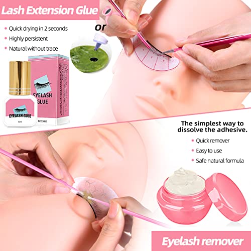 Lash Extension Kit Professional Eyelash Extensions Supplies Training for Beginners Mannequin Head Grafting Lash USB Fan Lash Shampoo Brush Spraye 0.07D Curl Mix 8-15mm Practice Eyelash Strips