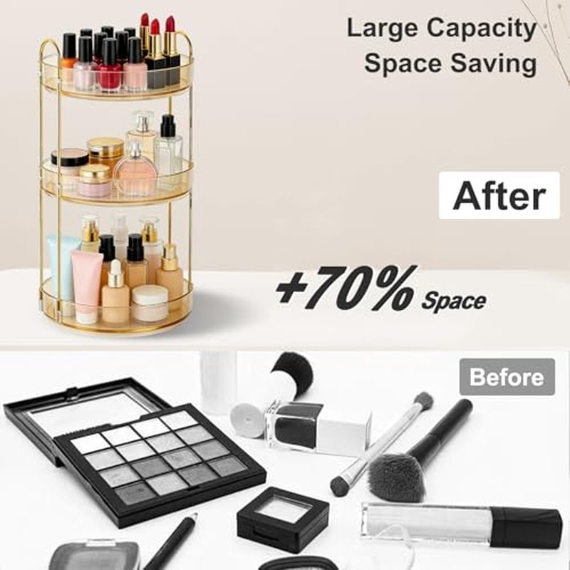 360° Rotating Makeup Organizer - 3 Tier Amber Gold Cosmetic Holder