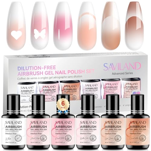 SAVILAND Dilution-Free Airbrush Gel Nail Polish: 6PCS 20ml White Pink Nude Airbrush Paint for Nails 0-Acetone Non-Toxic Airbrush for Nails Gel 28 Days Lasting for Ombre French Nail Art Party