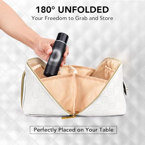 stona Travel Makeup Bag for Women, Large Capacity PU Leather Waterproof Checkered Cosmetic Bags, Portable Pouch Open Flat Toiletry Bag, Make up Organizer with Divider and Handle, White