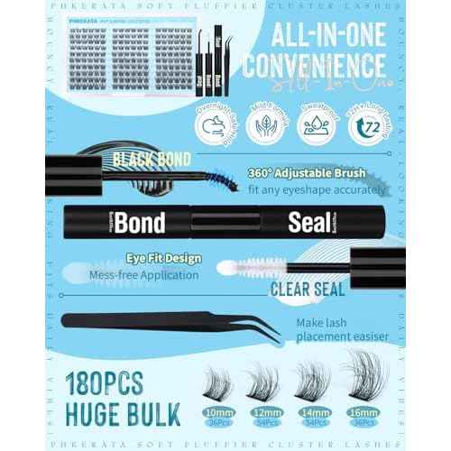Lash Clusters Kit Natural Eyelash Clusters Wispy Lash Extension Kit 180Pcs Cluster Eyelash Extensions Kit 10-16mm C Curly Individual Lashes Soft with Lash Bond and Seal, Lash Tweezers