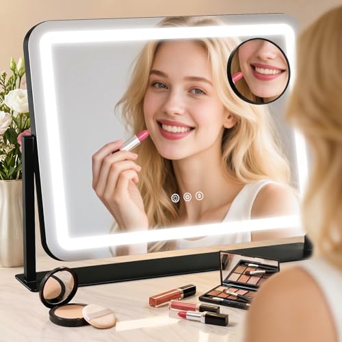 GioeDa Lighted Makeup Vanity Mirror 22x17 with 10X Magnification, Dimmable Color Lighting, Touch Control, 360° Rotation, Black