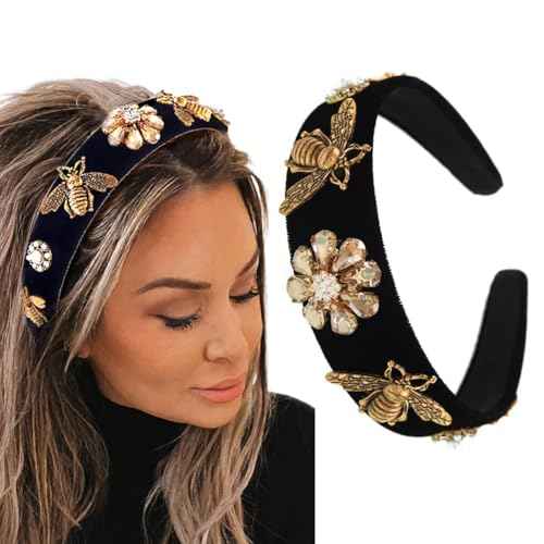 Black Baroque Headband Pearl Rhinestones Hairband with Beaded Hair Ties Handmade Velvet Hair Hoop Wide Head Band for Women (Bee)