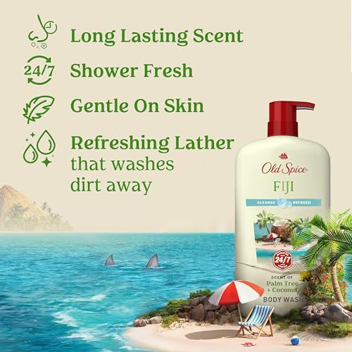 Old Spice Cleansing Body Wash for Men, 24/7 Shower Fresh with Lasting Scent, Cleanse & Refresh, Gentle on Skin, Vitamin B3, Fiji with Palm Tree + Coconut Scent, 30 oz (Pack of 4)