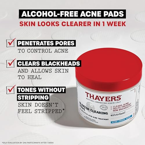 Thayers Blemish Clearing Acne Pads, Salicylic Acid Acne Treatment for Face, Pore Reducing, Exfoliating, and Soothing Skincare, Witch Hazel Toner Pads, 60 Ct