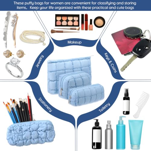 Huhumy Medium Blue Checkered Puffy Makeup Bag Set for Women