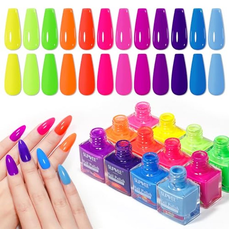 12-Color Neon Nail Polish Set - Quick Dry, No Lamp Needed