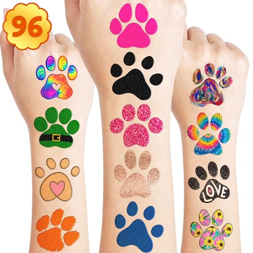 96PCS Dog Cat Paw Print Pre-Cut Temporary Tattoos for Kids Themed Birthday Party Decorations Supplies Decor Favors Super Cute Animal Tattoo Stickers Gifts for Games Boys Girls Rewards