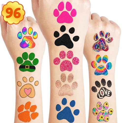 96PCS Dog Cat Paw Print Pre-Cut Temporary Tattoos for Kids Themed Birthday Party Decorations Supplies Decor Favors Super Cute Animal Tattoo Stickers Gifts for Games Boys Girls Rewards