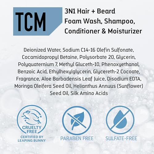 TCM 3N1 Hair + Beard Foam Wash, Shampoo & Conditioner for Softening & Hydrating, No-Rinse Foam Beard Cleanser for Care & Grooming 7.5 oz