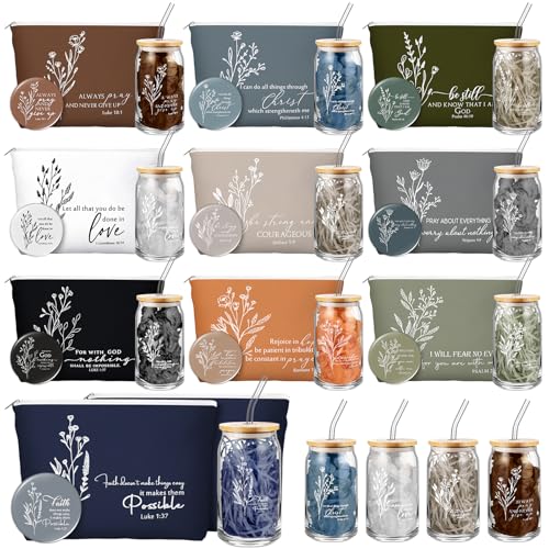 Fumete 10 Sets Christian Gift for Women Easter Mother's Day Sunday School Teacher Makeup Bag Flower Bible Verse Coffee Cup with Bamboo Lid Straw Religious Church Mini Compact Mirror (Bible-d)