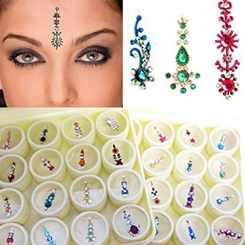 Bindi Box Long Multicolored Crystal Bindis Bridal face Jewels Forehead Tika (Pack of 40 Bindis)