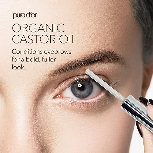 PURA D'OR Organic Castor Oil with 2 Bonus Brushes - 100% Pure Cold Pressed Hexane Free Serum for Lashes, Brows & Skin