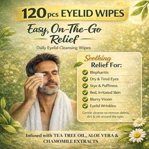 Eyelid & Lash Wipes with Tea Tree Oil, Aloe Vera & Hyaluronic Acid for Sensitive Eyes, Dry Eye Cleansing & Blepharitis Relief - 120 PCS