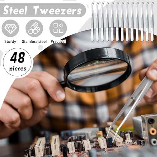 Honoson 48 Pcs Stainless Steel Tweezers for Crafting with Curved Serrated Tip Multipurpose Forceps Sewing Machine Tweezers Bulk (Silver)