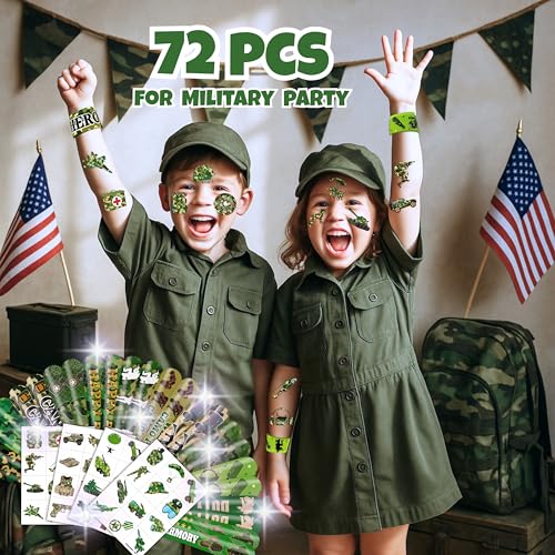 72PC Military Party Favors Kit with Tattoos & Slap Bracelets
