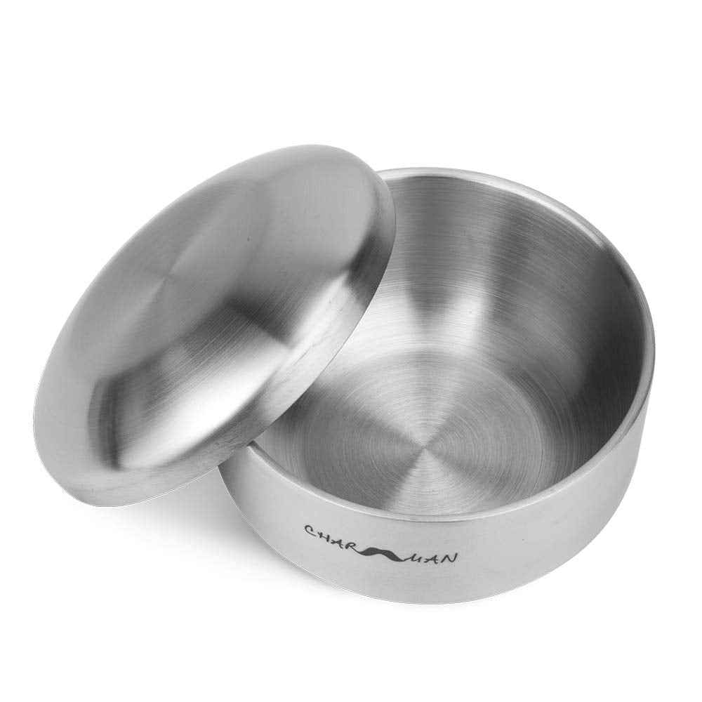 CHARMMAN Stainless Steel Shaving Soap & Cream Bowl with Lid | Three-walls Heat Preservation | Heavy Weight Steel