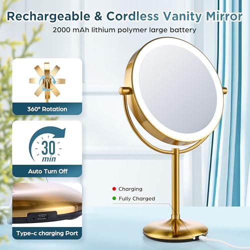 9" Gold Lighted Makeup Mirror with 20X Magnification & Dimmable Lights