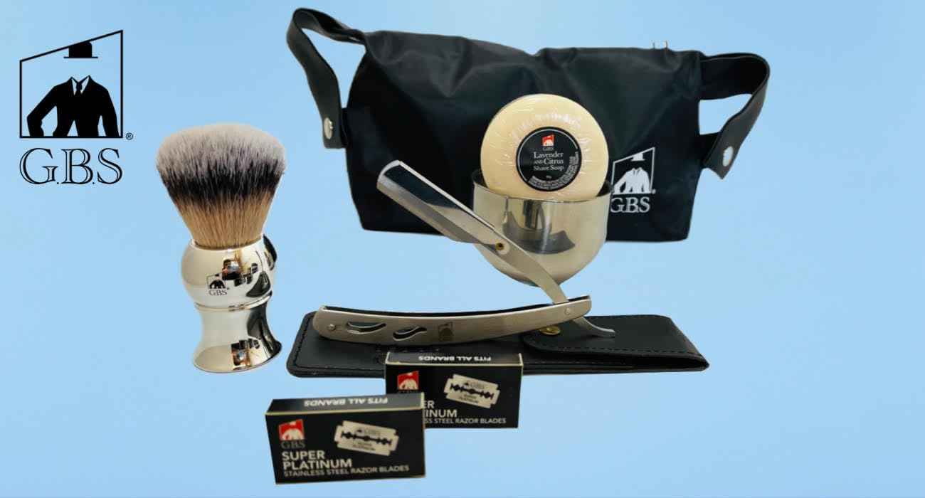 G.B.S Men’s Wet Shaving Kit, Interchangeable Shaving Razor, Synthetic Badger Hairbrush, Mesh Travelling Toiletry Bag, Shavette Razor