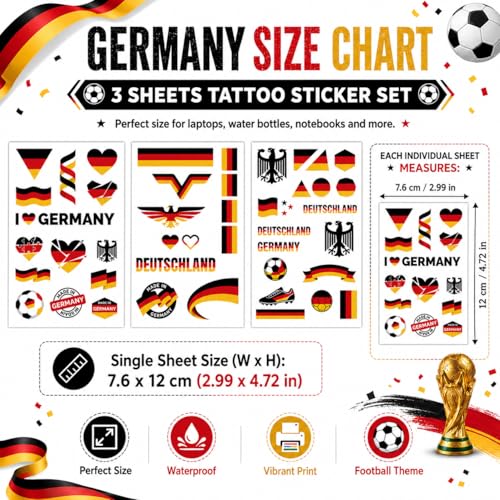 Germany Flag Temporary Tattoos for World Cup 2026 Soccer Fans - Waterproof Face & Body Stickers, Kid & Adult Party Accessories