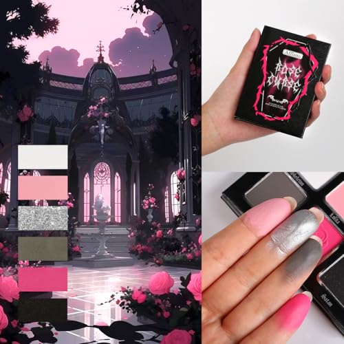 Afflano Goth Pink Eyeshadow Palette, Black Silver Pink Smokey Eyes Makeup Eyeshadow Pallet With Mirror, for Goth Girls Women Long Lasting Daily Valentine makeup, Emo Halloween Clown SFX Gothic Looks