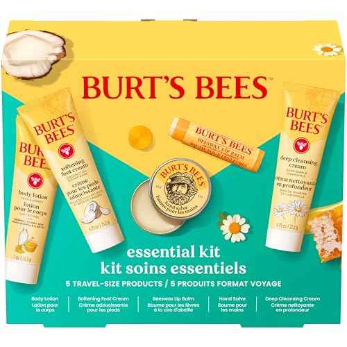 Burt's Bees Christmas Gifts - Essentials Everyday Set, 5 Travel Size Products for Stocking Stuffers - Deep Cleansing Cream, Hand Salve, Body Lotion, Foot Cream and Original Lip Balm