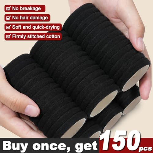 IKOCO 150pcs Black Hair Ties for Women | No Damage Cotton Ponytail Holders
