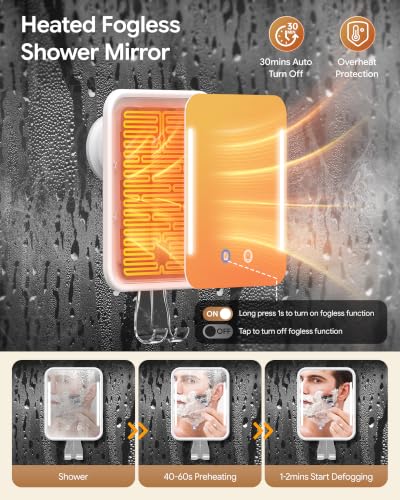 Gospire Heated Shower Mirror with Light, Fogless Anti-Fog 5000mAh