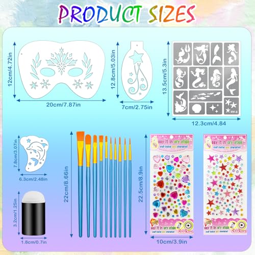 58PCS Face Paint Stencils Kit Includes 36 Reusable Facial Painting Stencils, 6 Sheets Tattoo Templates Stickers, 10 Brushes, 2 Pack Adhesive Gems, 4 Sponge for Halloween Festival Party Makeup