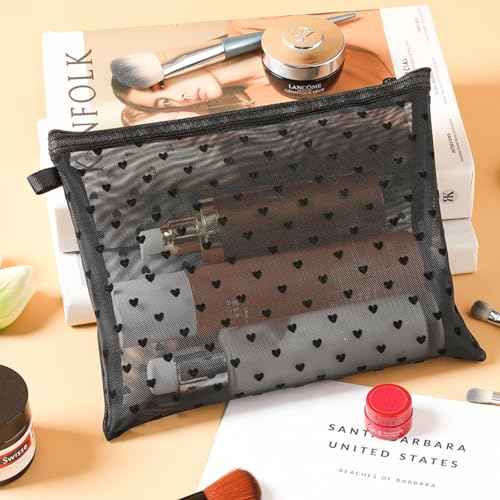 4-Piece Heart Printed Mesh Makeup Bag Set, Portable Travel Mesh Cosmetic Bags Toiletry Bags Makeup Purse Bags Mesh Zipper Storage Pouches for Home Offices Travel Accessories (Black)