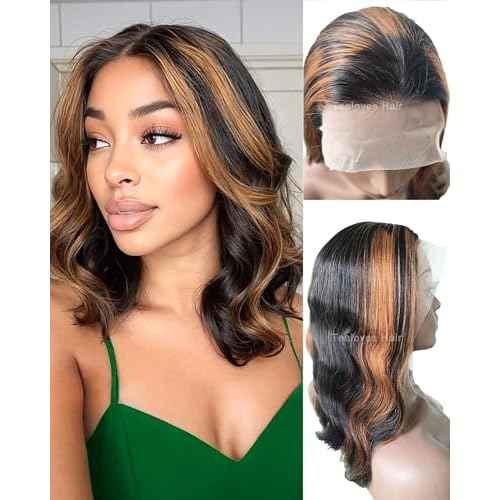 13x4 Body Wave Lace Front Wigs Human Hair Highlight 180 Density 1B/30 Ombre Bob Wig Human Hair Pre Plucked Glueless Balayage Lace Frontal Wigs for Women 8inch