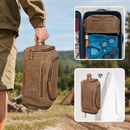 YARWO Hanging Toiletry Travel Bag for Men, Large Waxed Canvas Men Dopp Kit Hygiene Bag with Detachable Zipper Pouch, Water-resistant Shaving Storage Bag for Razor, Shower Essentials, Travel Toiletries