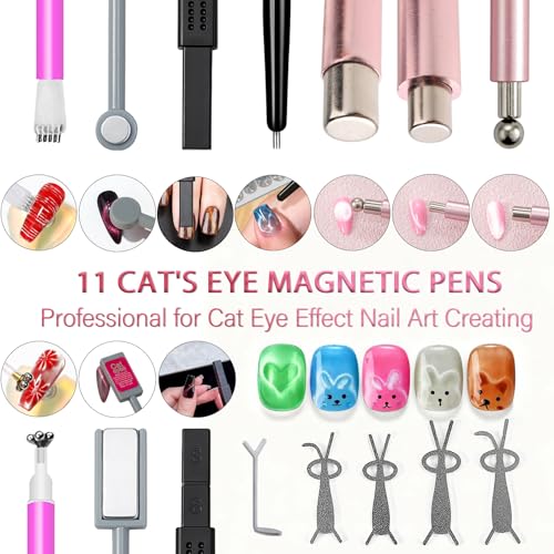 WOKOTO Cat Eye Nail Magnet Tool Set - 5 Dual-Head Pens & 6 Stencils