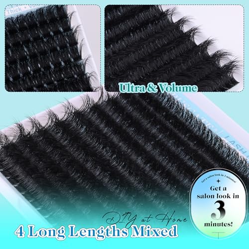 Fluffy Lash Clusters Long Eyelash Clusters, 180D Thick Cluster Eyelash Extensions 14-20mm Individual Lashes Look Like Lash Extension 170pcs Dramatic Eyelashes DIY Volume Lashes Strip