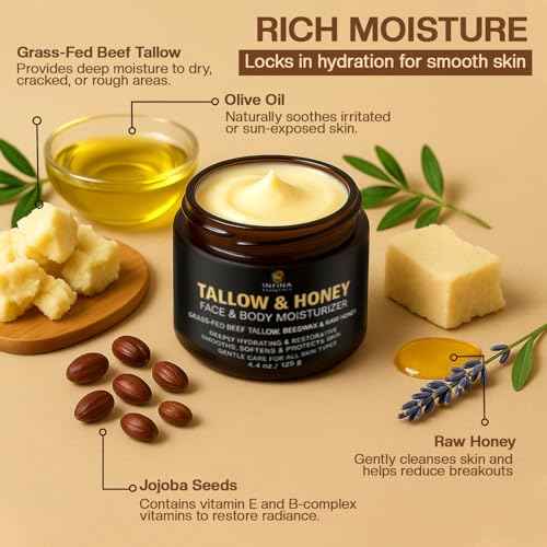 Beef Tallow for Skin with Honey - Grass Fed Beef Tallow for Face Wrinkles - Hydrating Cream Face and Body Moisturizer with Raw Honey and Olive Oil for Dry Skin, Hands, Feet - 4.4 oz
