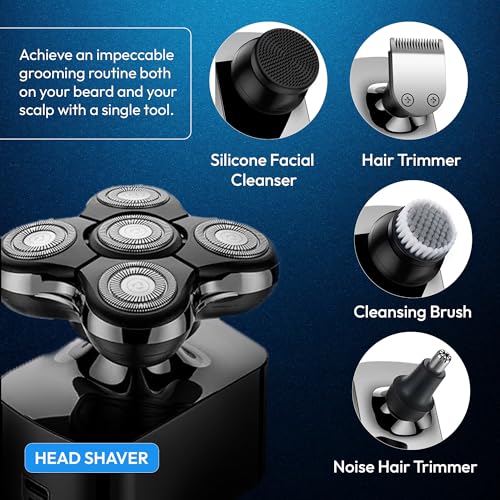 5D Electric Head Shaver for Bald Men - Waterproof Wet/Dry Razor - USB-C Fast Charging - 6 in 1 Grooming Kit with Beard, Nose & Face Trimmer - Cordless Rechargeable Bald Head Clippers