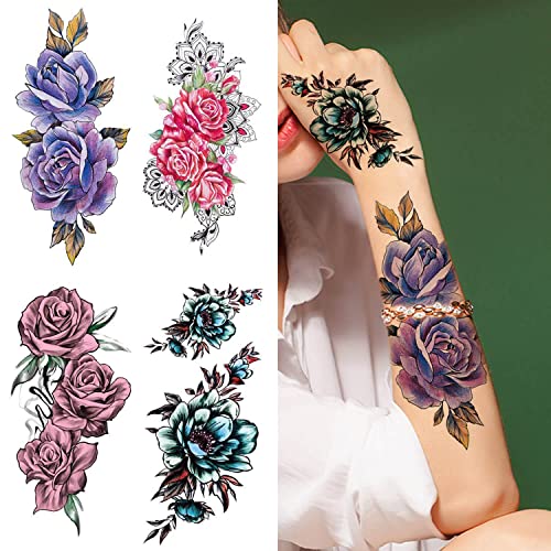 Temporary Floral Tattoos for Women - Waterproof 3D Body Art 18-Pack