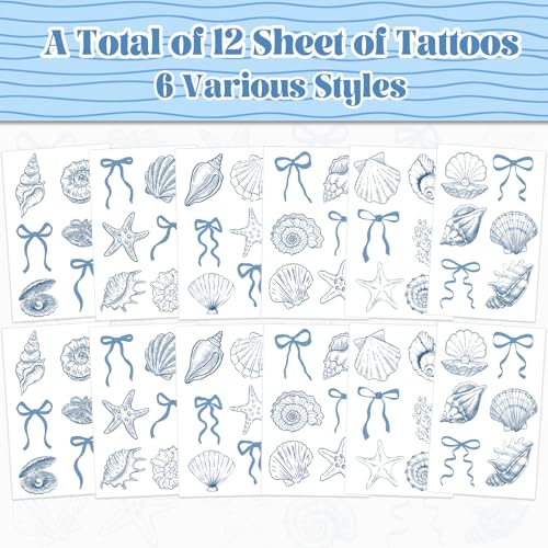 Blue Bow Starfish Seashell Temporary Tattoo Stickers - 12 Sheet Set