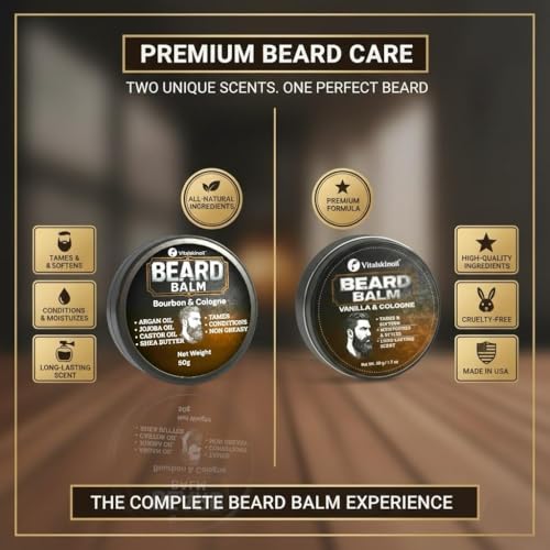 Beard Balm Set, Vanilla and Bourbon Cologne Scents, Natural Oils and Butters for Styling, Taming and Nourishing, 2x50g/1.76oz