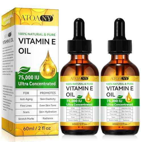 2 Pack Vitamin E Oil, 75,000 IU Organic Pure Vitamin E Oil for Tightening Plump Skin, Reduce Fine Lines & Scars, Moisturizing Skin, Face & Full Body