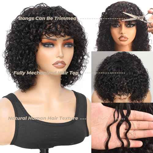 FREESHOW Short Curly Human Hair Wigs Curly Wig With Bangs Human Hair Glueless Curly Bob Wig Human Hair Short Wigs for Black Women 250% Density 12Inch Natural Black