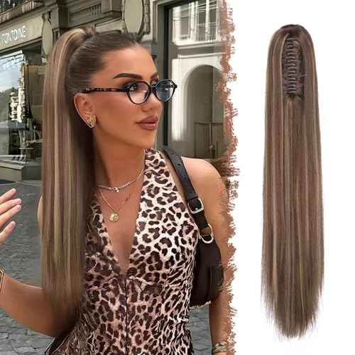 FESHFEN Claw Ponytail Extensions - Long Straight Ponytails for Women Hairpieces Synthetic Hair Pony Tails Extension Clip in Hairpiece, 25 inch Honey Blonde Mixed Light Brown