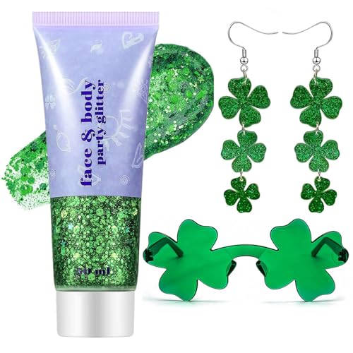 St Patricks Day 3-Piece Set - Green Glitter, Shamrock Earrings & Sunglasses